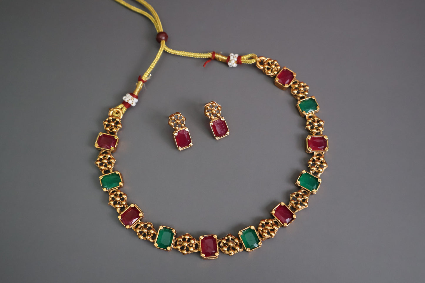Ruby & Emerald Antique Gold Choker Necklace Set