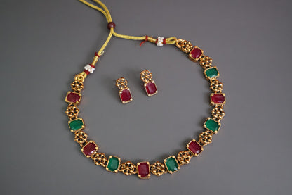 Ruby & Emerald Antique Gold Choker Necklace Set