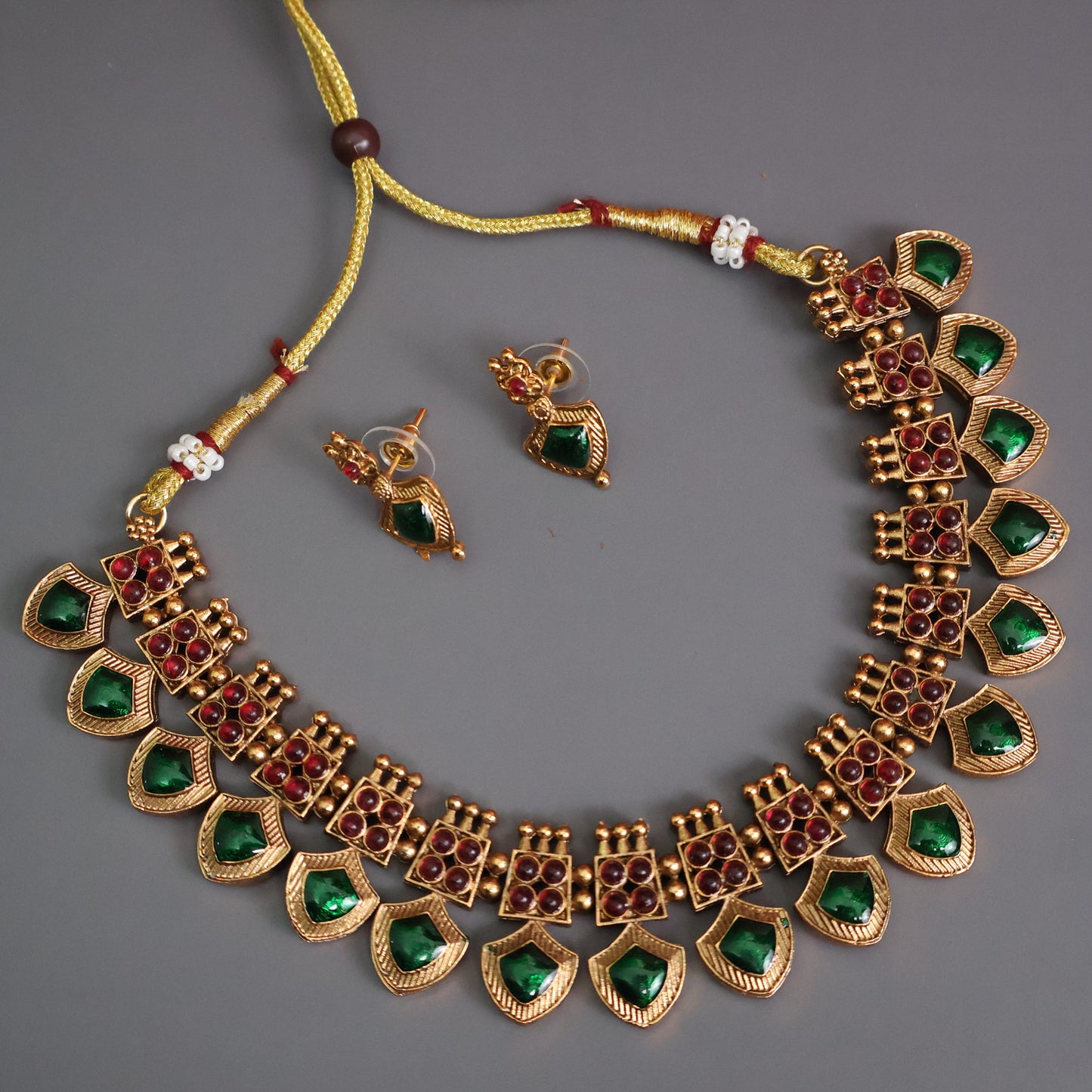 Emerald Ruby Antique Gold Statement Choker Necklace Set