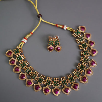 Magenta & Emerald Antique Gold Statement Choker Necklace Set