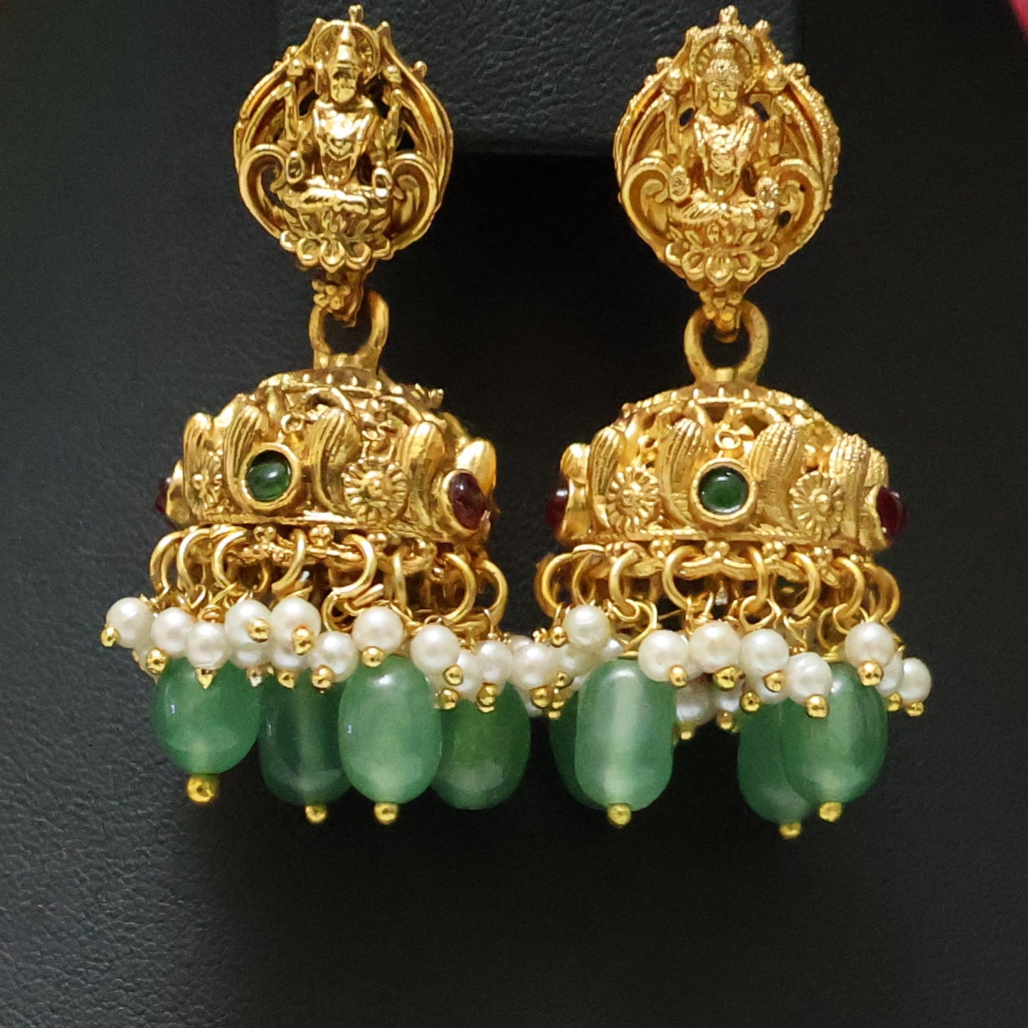 Antique Lakshmi Long Haram Set with Green Beads & Temple Jhumkas
