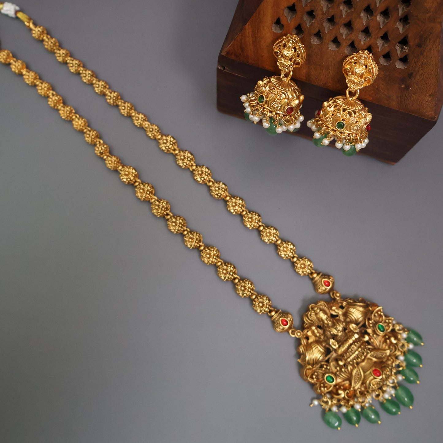 Antique Lakshmi Long Haram Set with Green Beads & Temple Jhumkas