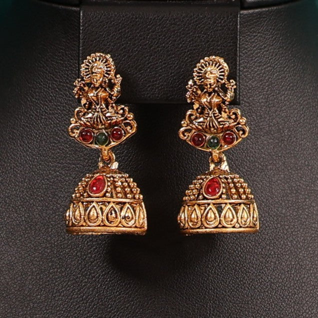 Antique Lakshmi Pendant Long Haram Set with Traditional Jhumkas