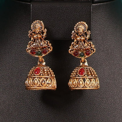 Antique Lakshmi Pendant Long Haram Set with Traditional Jhumkas