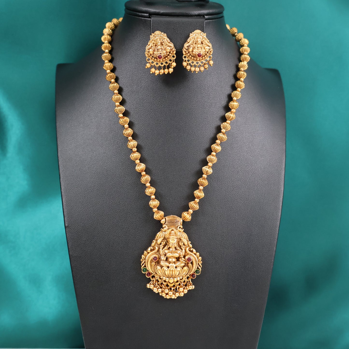 Antique Lakshmi Coin Bead Haram Set with Temple Earrings