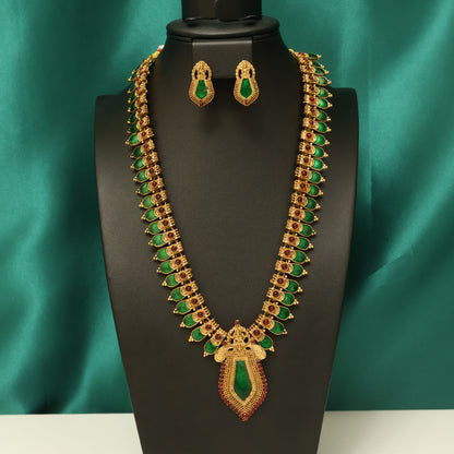 Antique Green Kemp Stone Lakshmi Haram Set with Statement Pendant