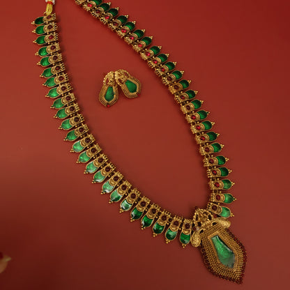 Antique Green Kemp Stone Lakshmi Haram Set with Statement Pendant