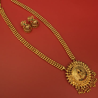Antique Lakshmi Pendant Long Haram Set with Traditional Jhumkas