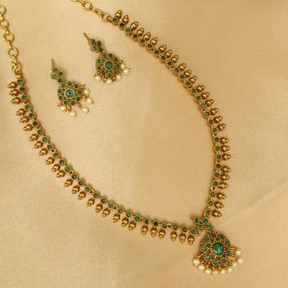 Emerald Pearl Drop Antique Gold Attigai Necklace Set