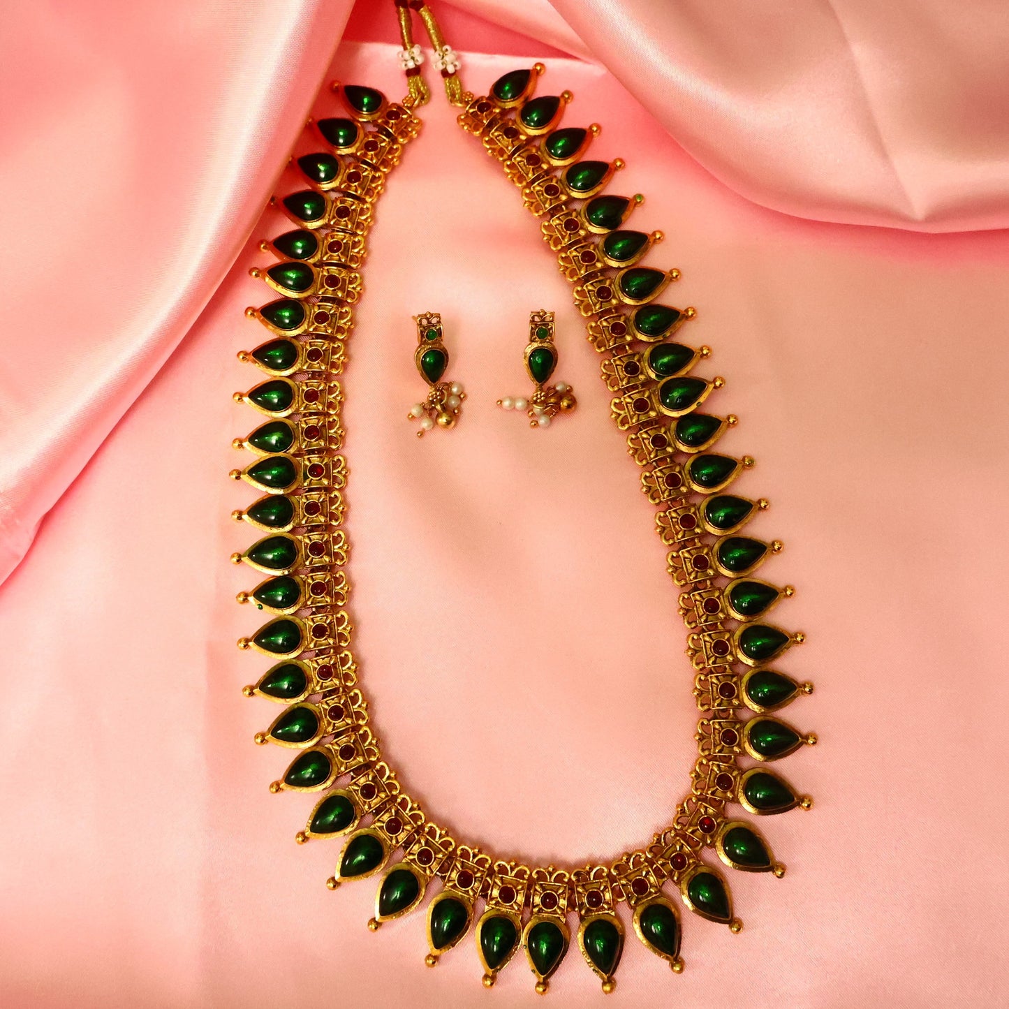 Emerald Green Antique Finish Long Haram Set with Pearl Drop Earrings
