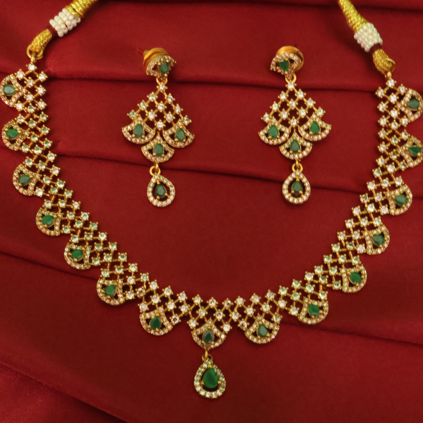 Emerald Green Stone Bridal Necklace Set with Diamond Finish