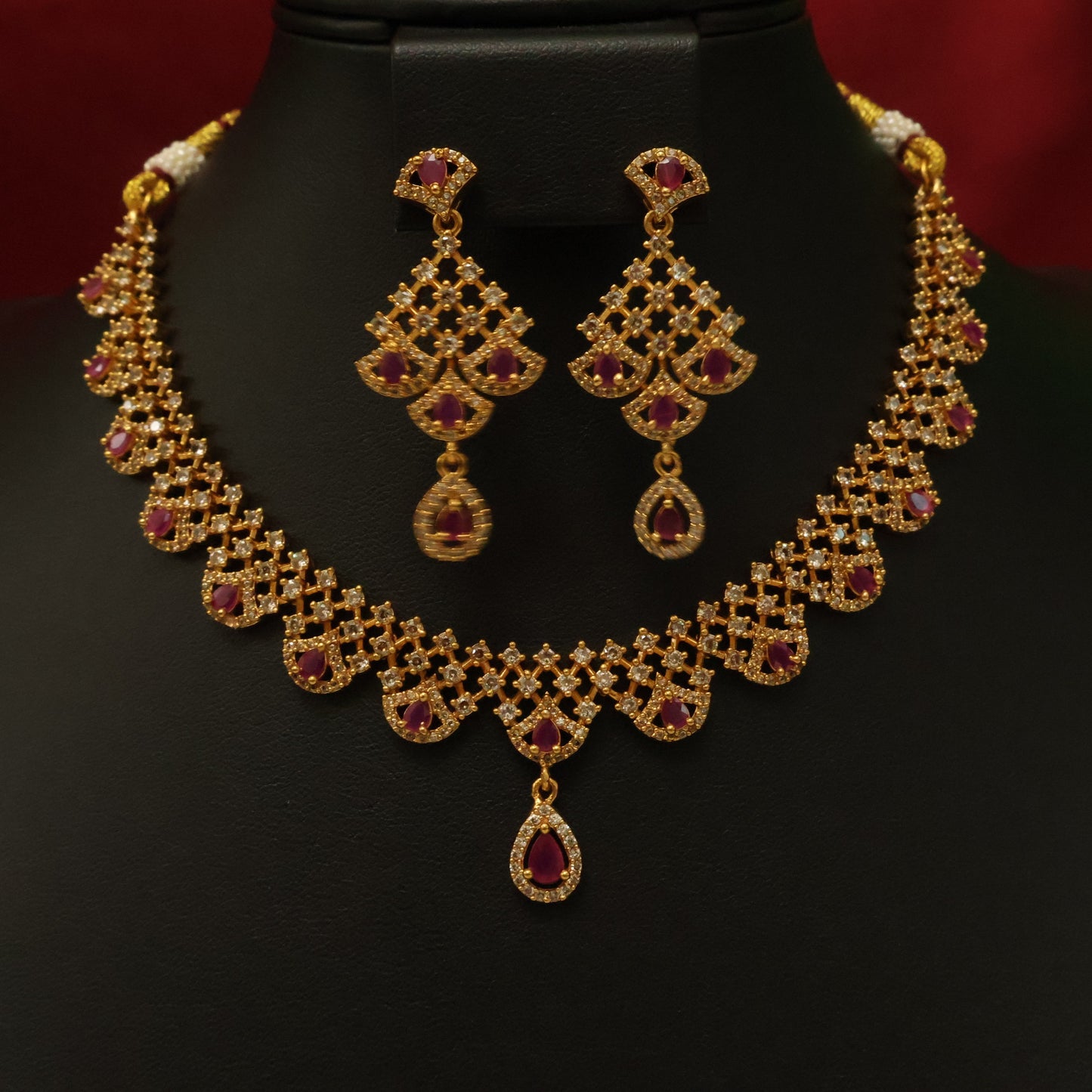 Ruby Red Stone Bridal Necklace Set with Diamond Finish