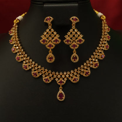Ruby Red Stone Bridal Necklace Set with Diamond Finish