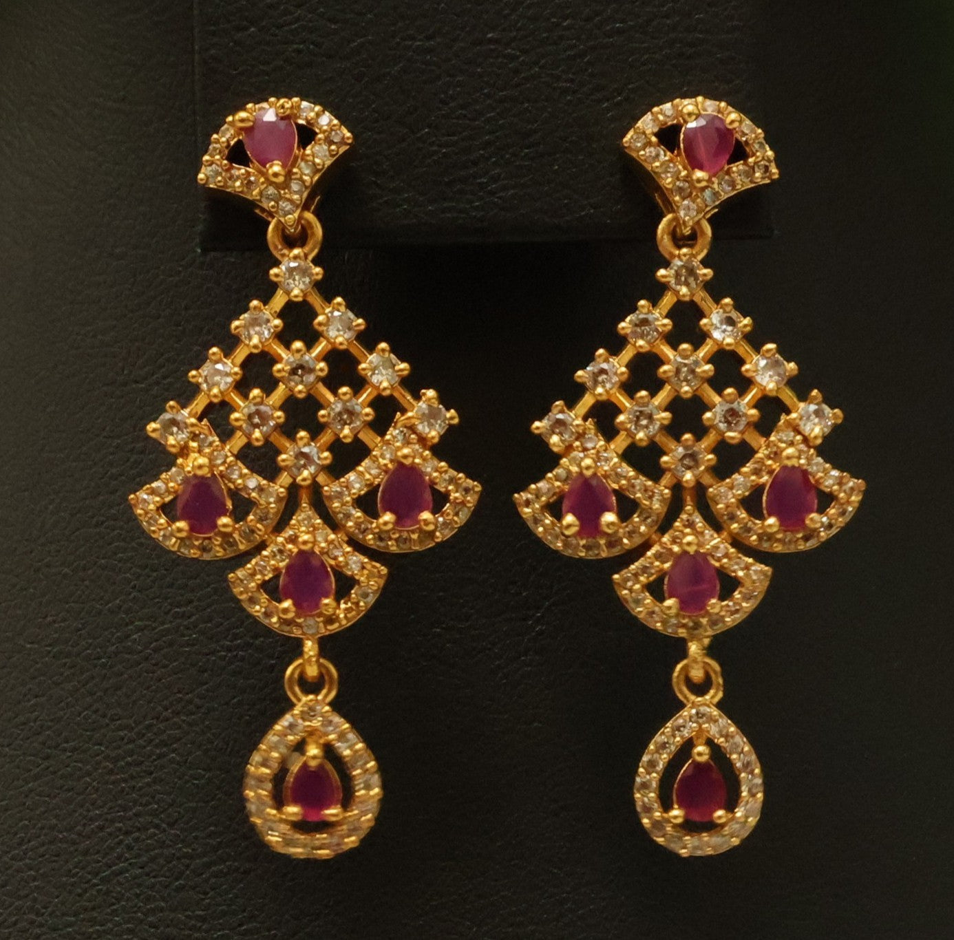 Ruby Red Stone Bridal Necklace Set with Diamond Finish