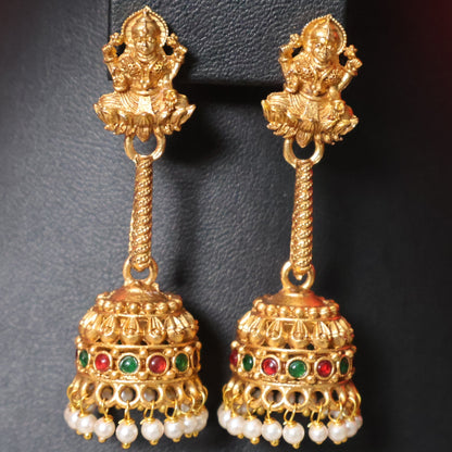 Antique Lakshmi Pearl Pendant Haram Set with Long Jhumkas