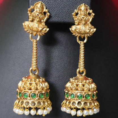 Antique Lakshmi Pearl Haram Set with Emerald Green Jhumkas