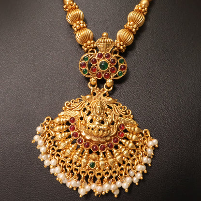 Antique Lakshmi Temple Pendant Haram Set with Pearl Jhumkas
