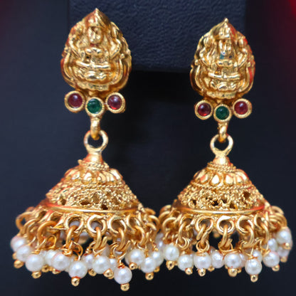 Antique Lakshmi Temple Pendant Haram Set with Pearl Jhumkas