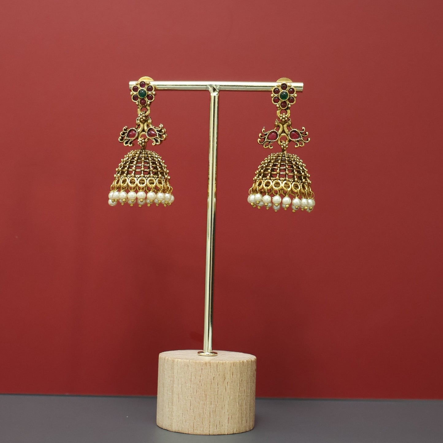 Antique Gold Pearl Drop Jhumka Earrings