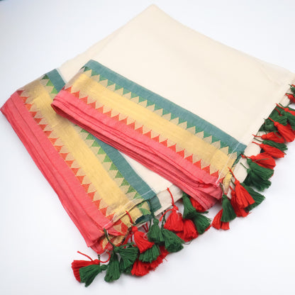 Elegant White Mul Cotton Saree with Red & Green Temple Border