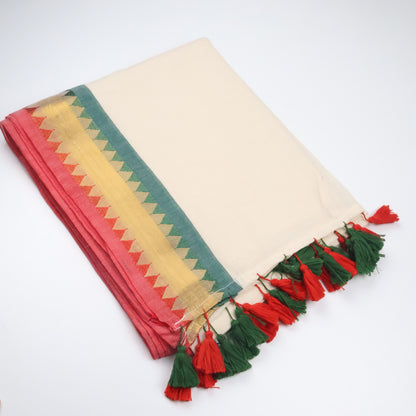 Elegant White Mul Cotton Saree with Red & Green Temple Border