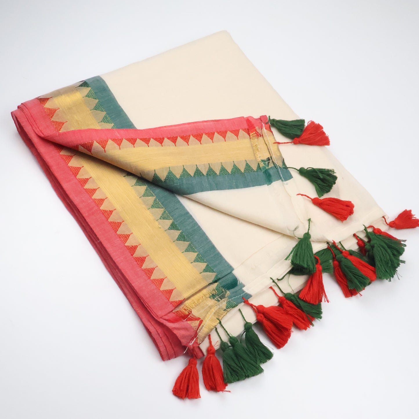 Elegant White Mul Cotton Saree with Red & Green Temple Border