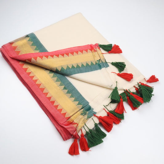 Elegant White Mul Cotton Saree with Red & Green Temple Border