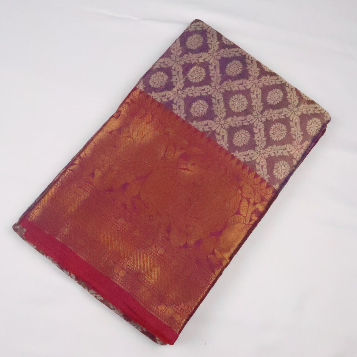 Purple Brocade Silk Saree with Antique Gold Zari Border & Rich Copper Brocade Pallu