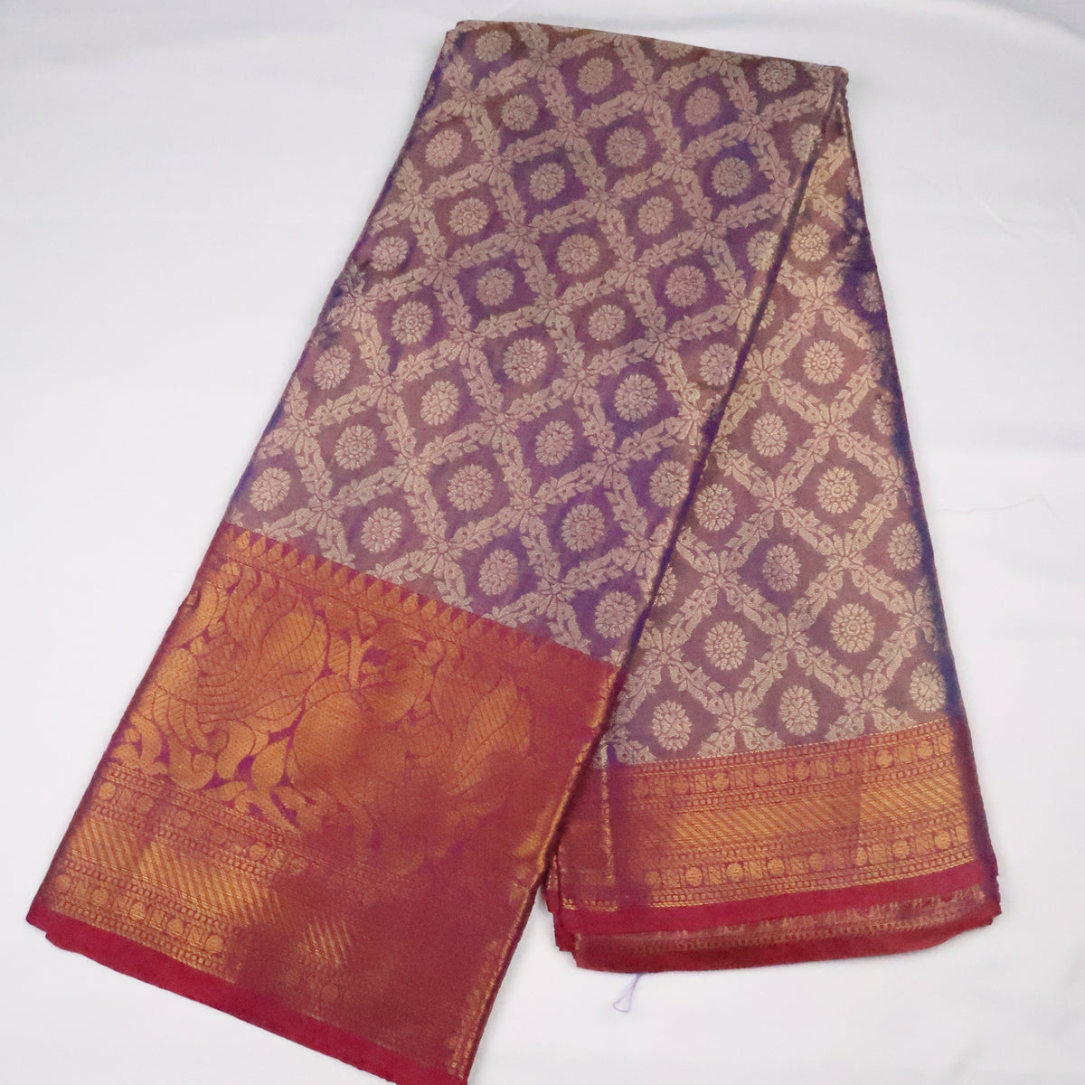 Purple Brocade Silk Saree with Antique Gold Zari Border & Rich Copper Brocade Pallu