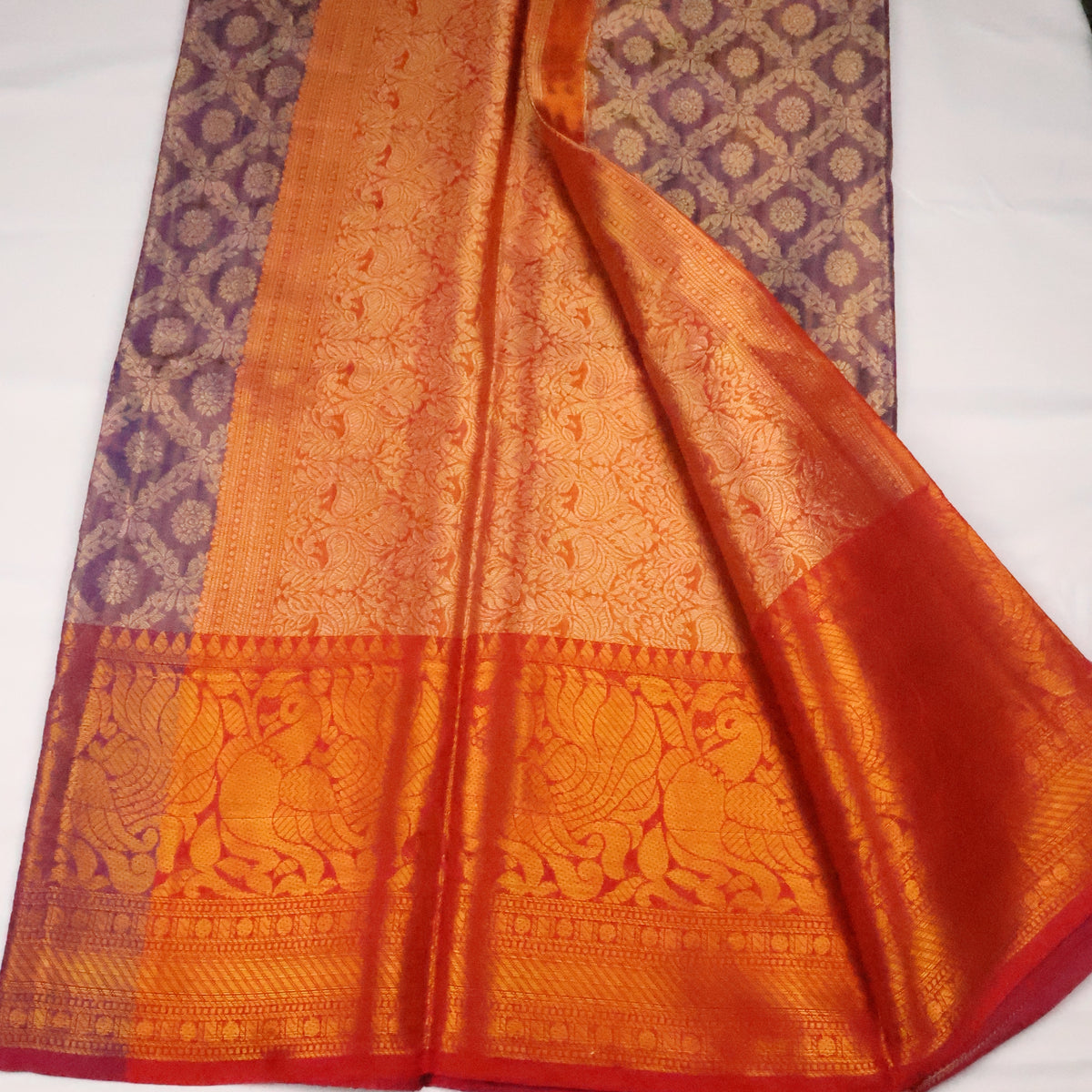 Purple Brocade Silk Saree with Antique Gold Zari Border & Rich Copper Brocade Pallu