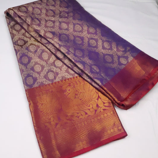 Purple Brocade Silk Saree with Antique Gold Zari Border & Rich Copper Brocade Pallu